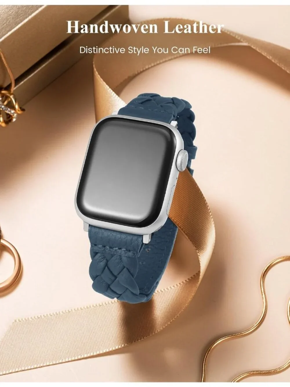 Women's Blue/Silver Braided Leather Strap Compatible with Apple Wrist Watch